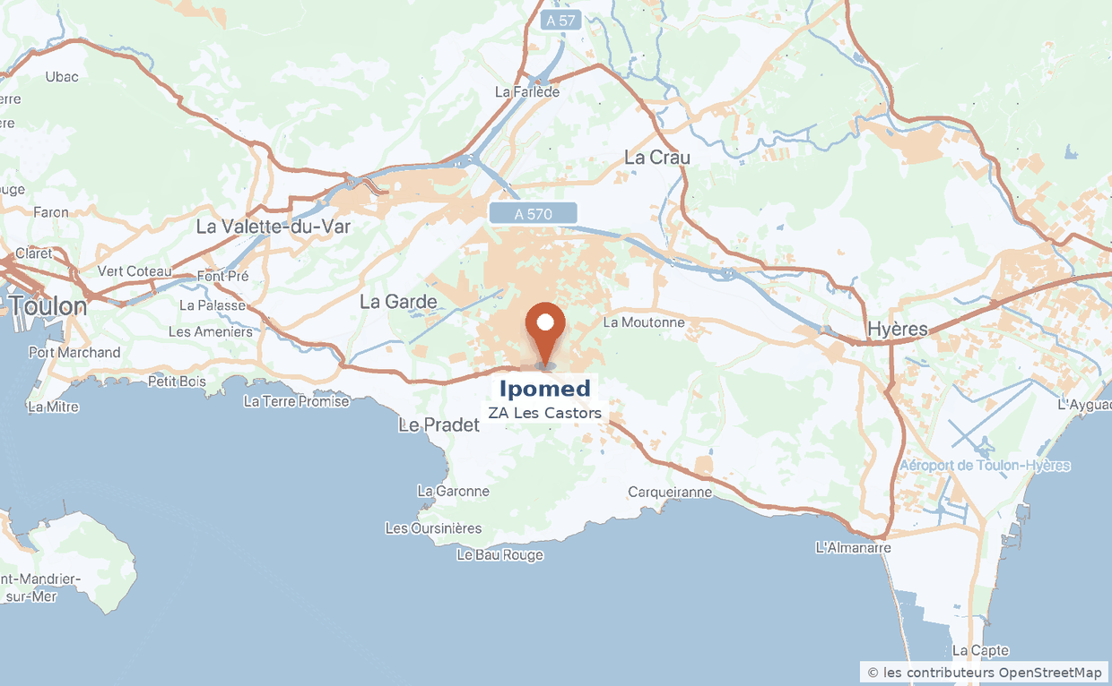 Plan de situation : Ipomed est implanté à Carqueiranne, entre Toulon et Hyères